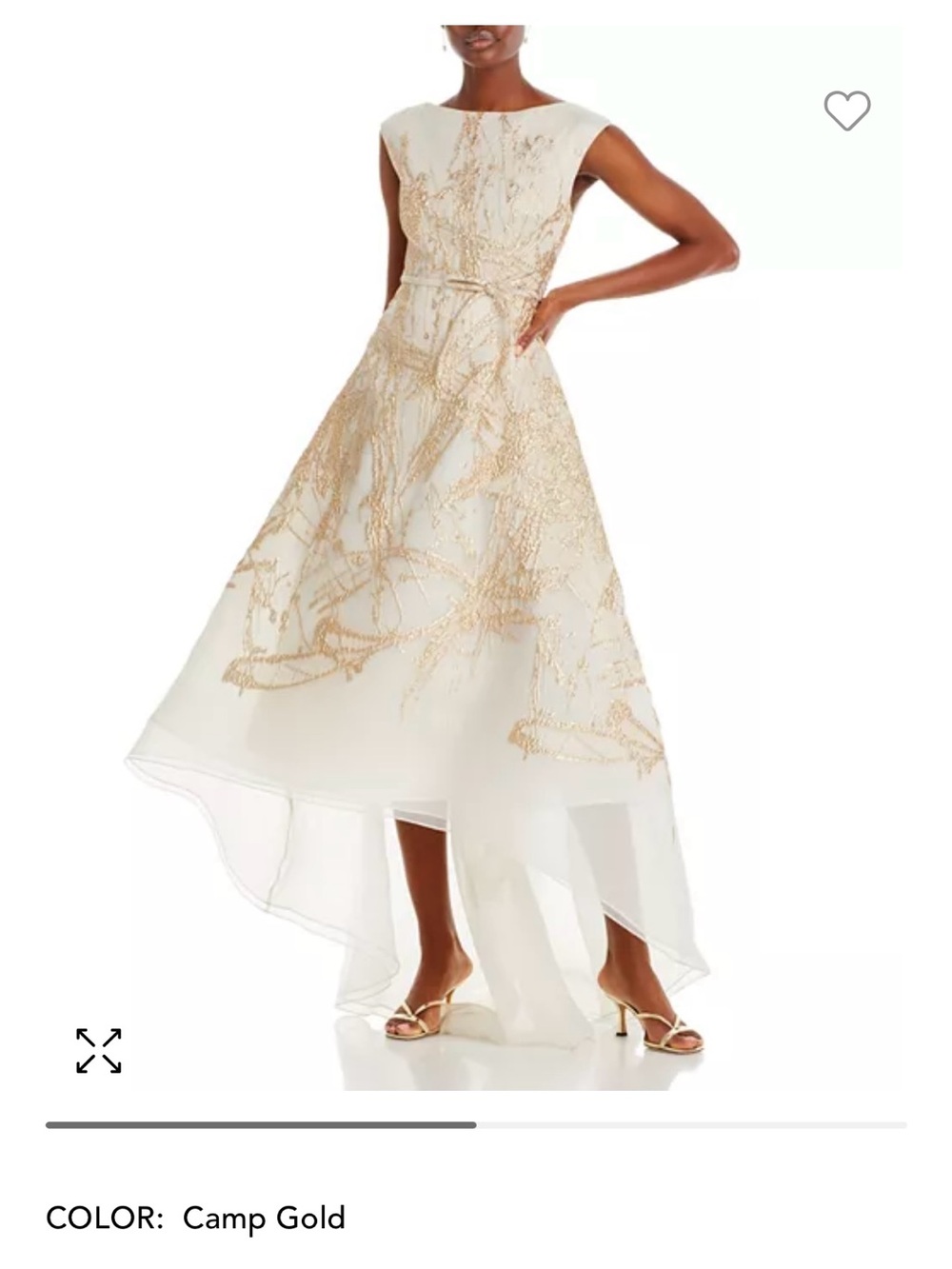 Teri Jon Ivory and Gold High-Low Embroidered Evening Dress